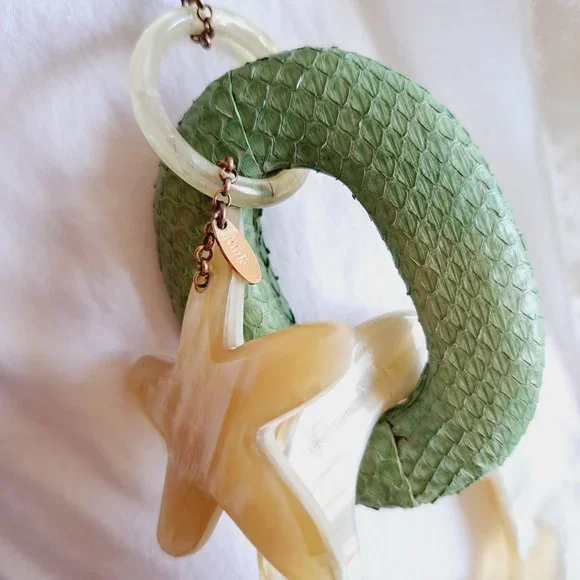 AMLE Italian Long Horn Green Chain Necklace with Python skin - Picture 5 of 16